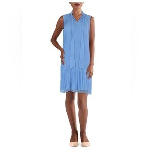 DKNY Blue Pleated Sheer Lined Sleeveless Tie Neck Above The Knee Shift Dress 10